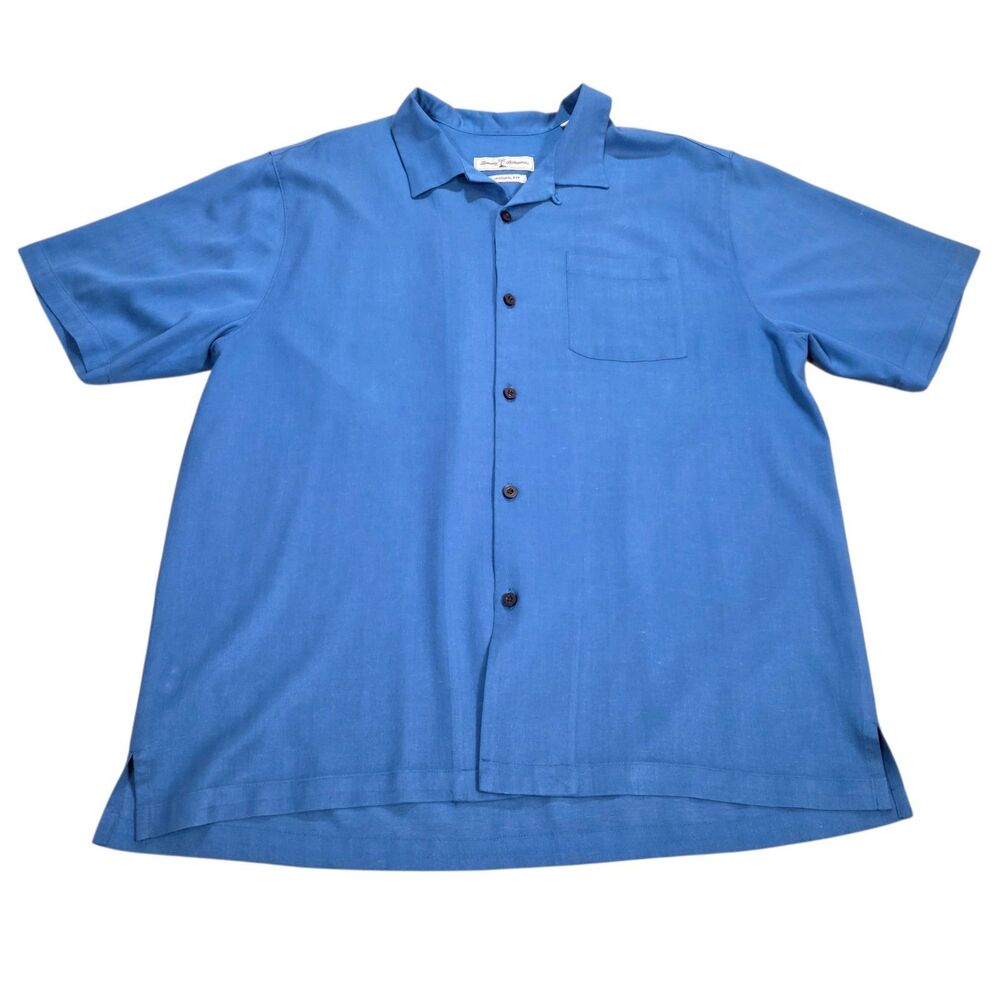 Tommy Bahama Shirt Mens XL Blue Silk Blend Original Fit Short Sleeve Camp Button